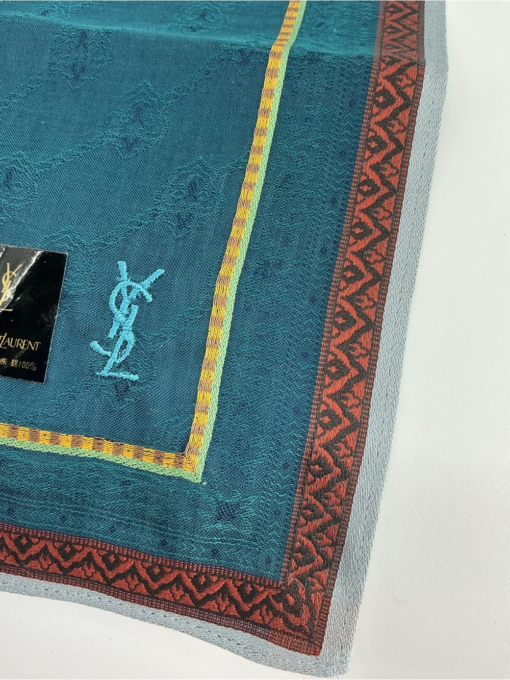 Yves Saint Laurent YSL Vintage Teal Geometric Square Scarf 16” - Picture 7 of 8